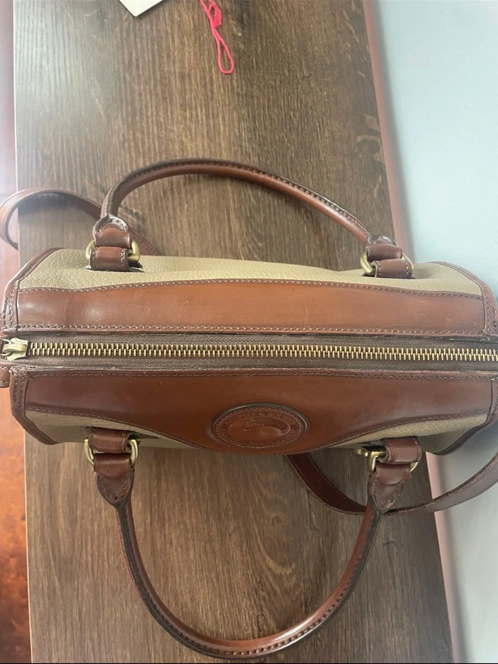 Dooney & Bourke Beige and Brown Leather Trim Cassini Satchel